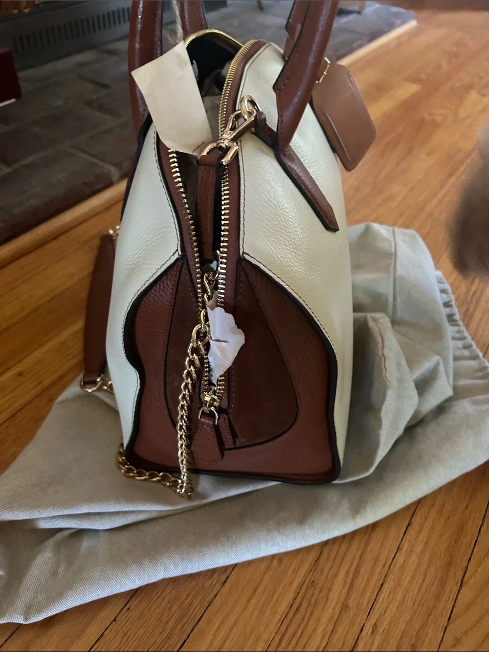 Made in Italy- Women's Two-Tone White and Brown Satchel Handbag
